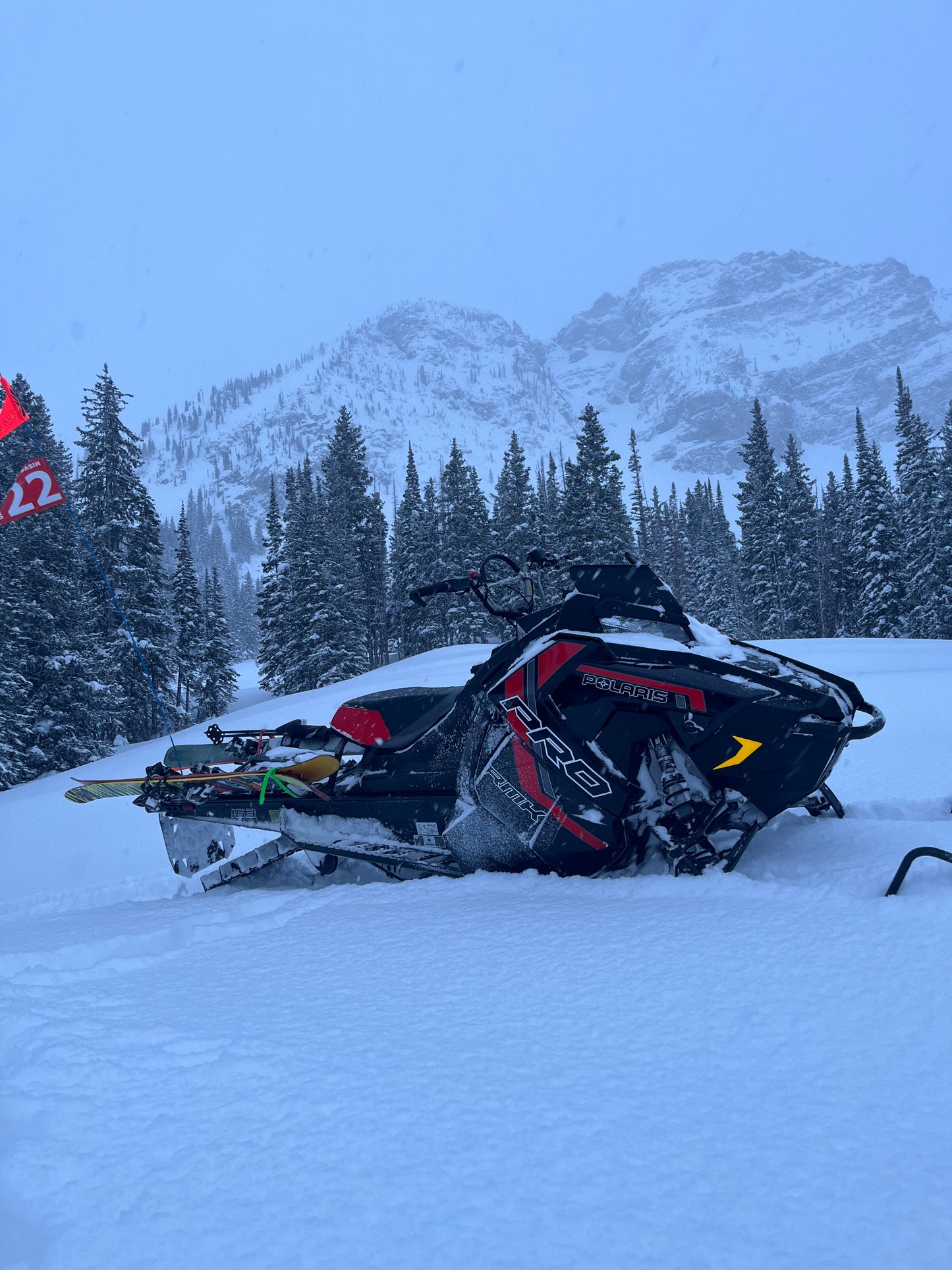 A close-up of a snowmobile equipped with a backcountry ski rack system, securely holding a pair of skis along the side. The skis are fastened with sturdy brackets and straps, positioned to avoid interference with the tunnel bag, which sits neatly behind the seat. Snow-covered tracks and a powdery trail in the background highlight the rugged, off-trail setting.