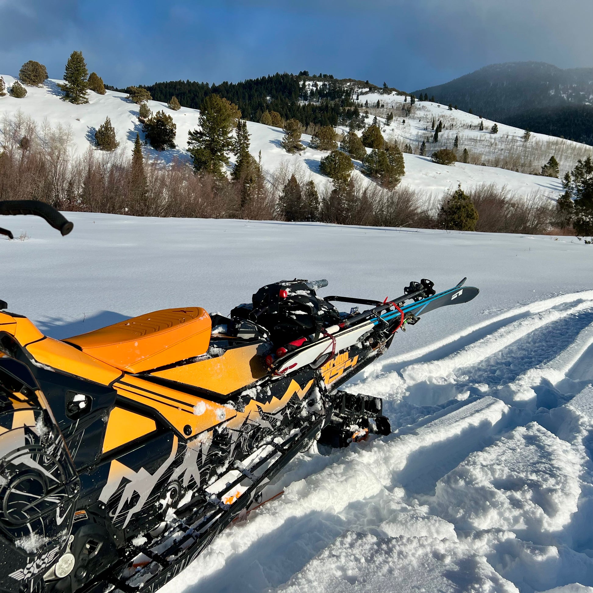 A close-up of a snowmobile equipped with a backcountry ski rack system, securely holding a pair of skis along the side. The skis are fastened with sturdy brackets and straps, positioned to avoid interference with the tunnel bag, which sits neatly behind the seat. Snow-covered tracks and a powdery trail in the background highlight the rugged, off-trail setting.
