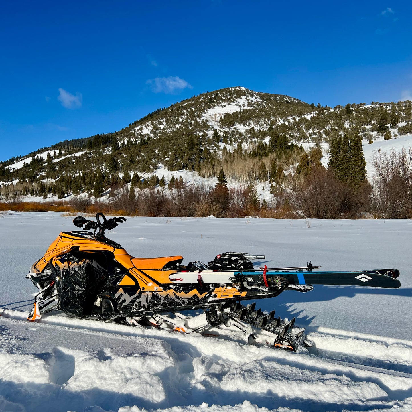 A close-up of a snowmobile equipped with a backcountry ski rack system, securely holding a pair of skis along the side. The skis are fastened with sturdy brackets and straps, positioned to avoid interference with the tunnel bag, which sits neatly behind the seat. Snow-covered tracks and a powdery trail in the background highlight the rugged, off-trail setting.